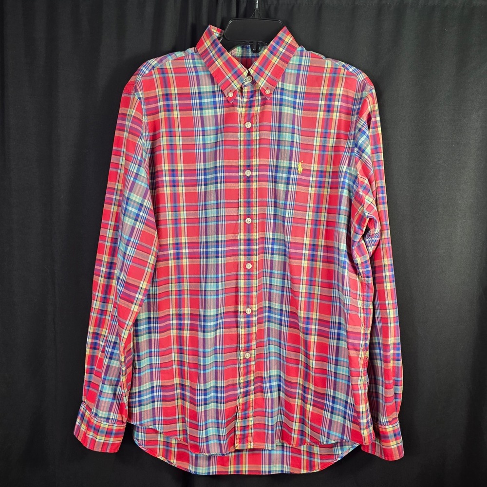 Ralph Lauren Mens Large Red‎ Blue Plaid Button Down Long Sleeve Cotton Shirt L